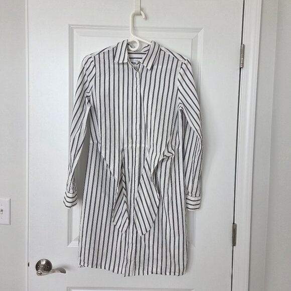 Calvin Klein Women Pin striped Shirt Dress Tie Waist Cotton Blue White Black  4 - Picture 1 of 5
